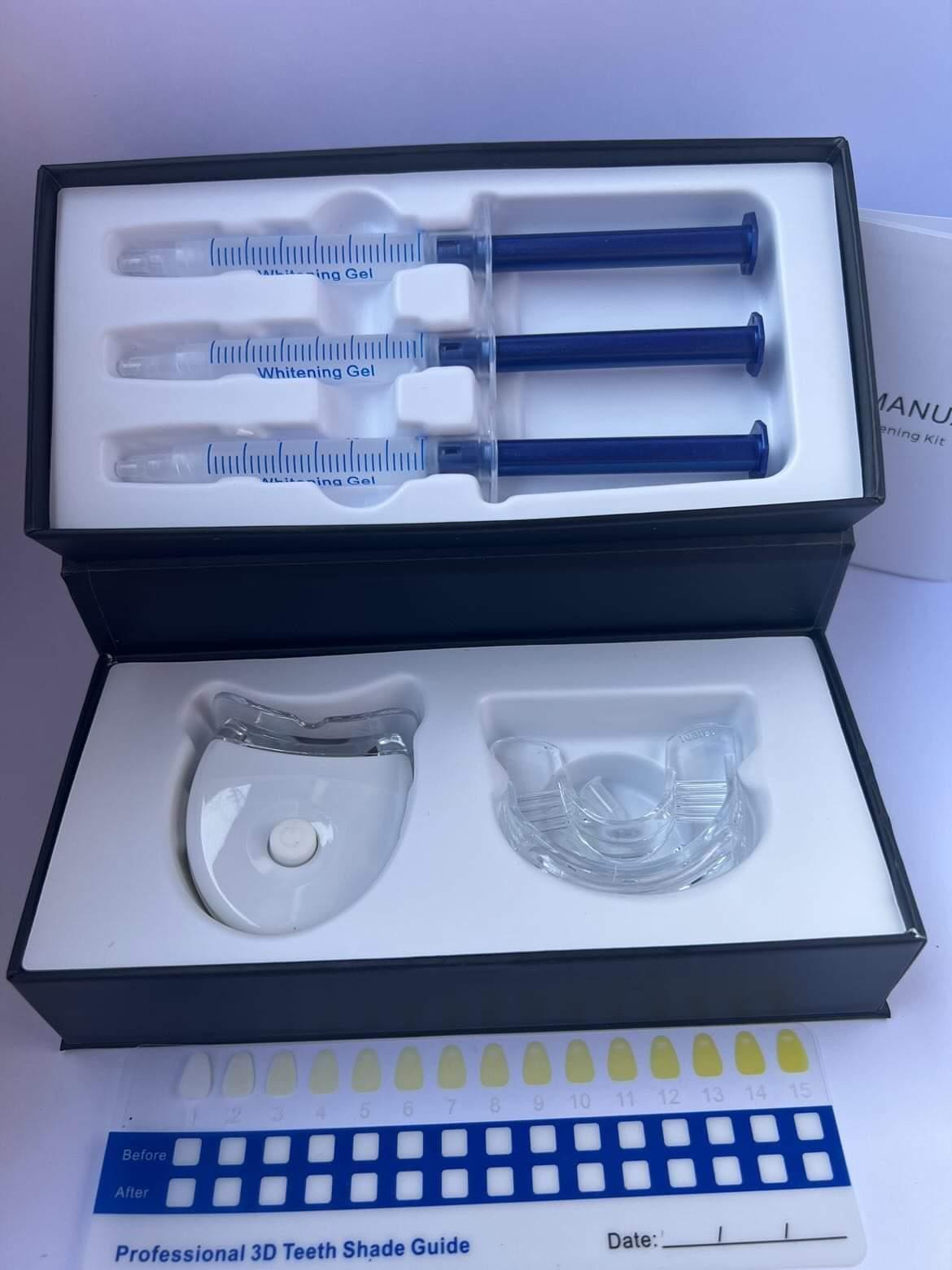 Teeth Whitening Kit - LED Accelerator Lights, 35% Carbamide Peroxide, (3) 3ml Gel Syringes, (1) Remineralization Desensitizing Gel, and Tray.